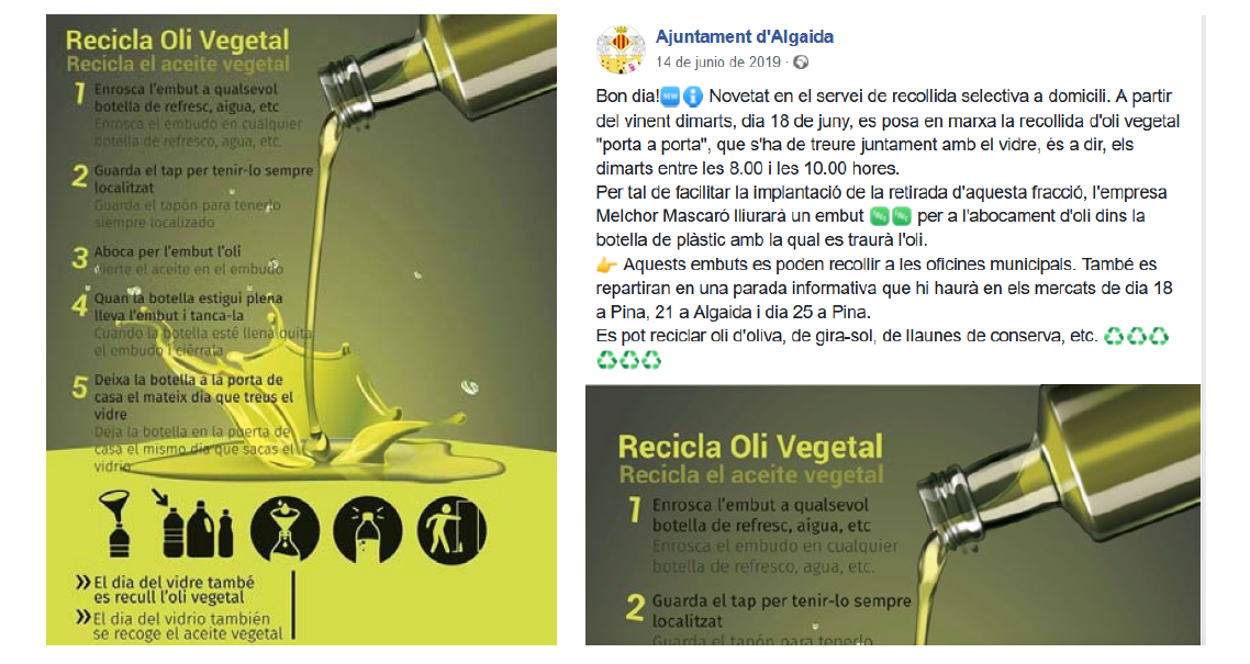 LA RECOLLIDA DE L'OLI DOMÈSTIC PORTA A PORTA COM A EXEMPLE D'INICIATIVA SOSTENIBLE PER ECOVIDRIO.