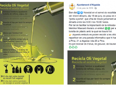 LA RECOLLIDA DE L'OLI DOMÈSTIC PORTA A PORTA 
