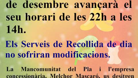 Modificacions al servei de recollida de dia 24 i 31 de desembre.